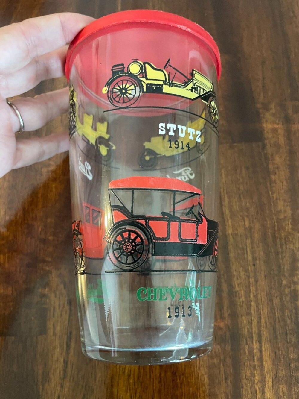 Vintage MCM Hazel Atlas Glass Cocktail Shaker with lid Antique Cars 6.5"!